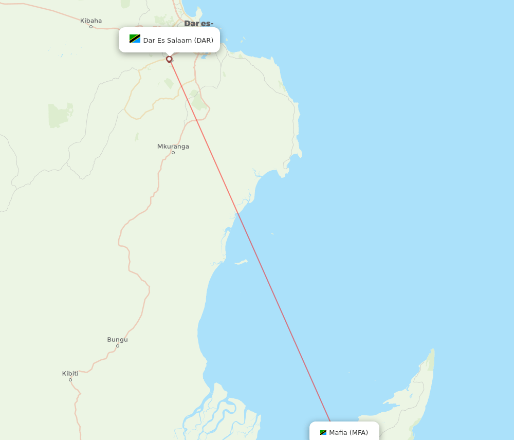 Mafia Island - Dar Es Salaam route map and flight paths