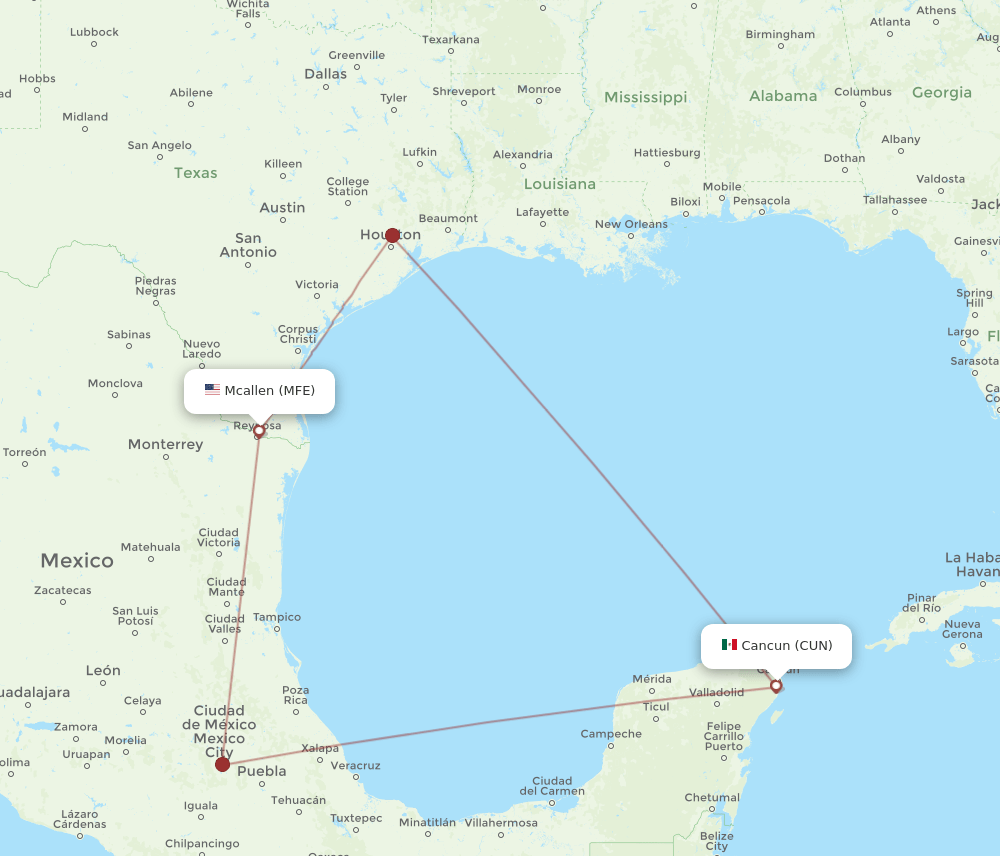 MFE to CUN flights and routes map