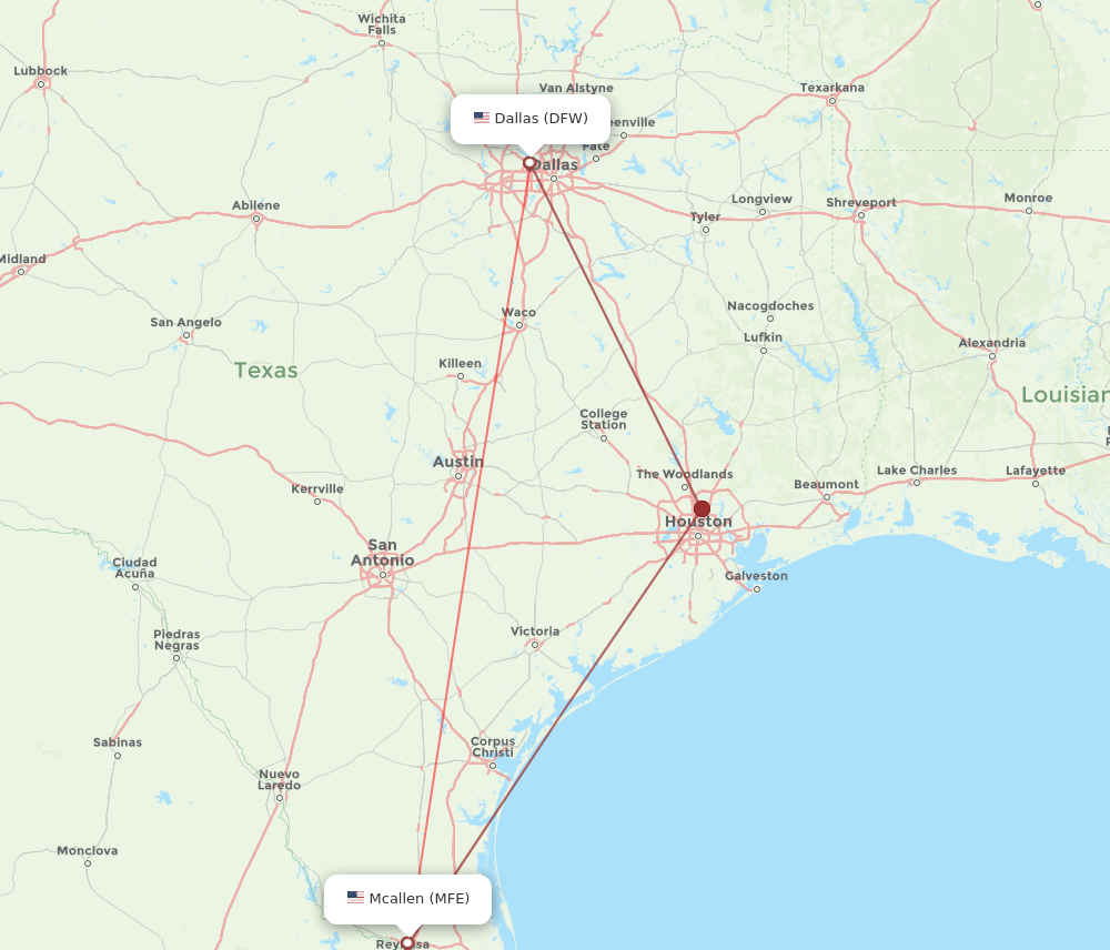 MFE to DFW flights and routes map