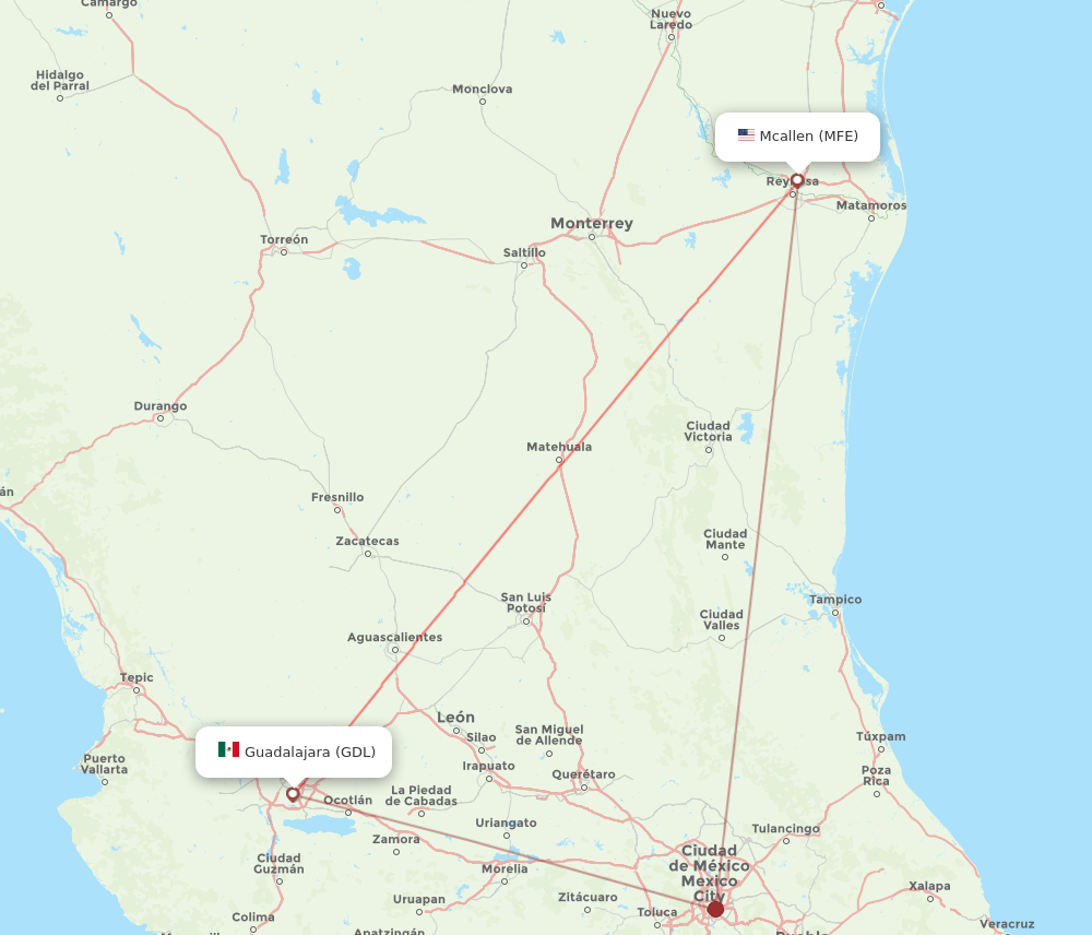 MFE to GDL flights and routes map