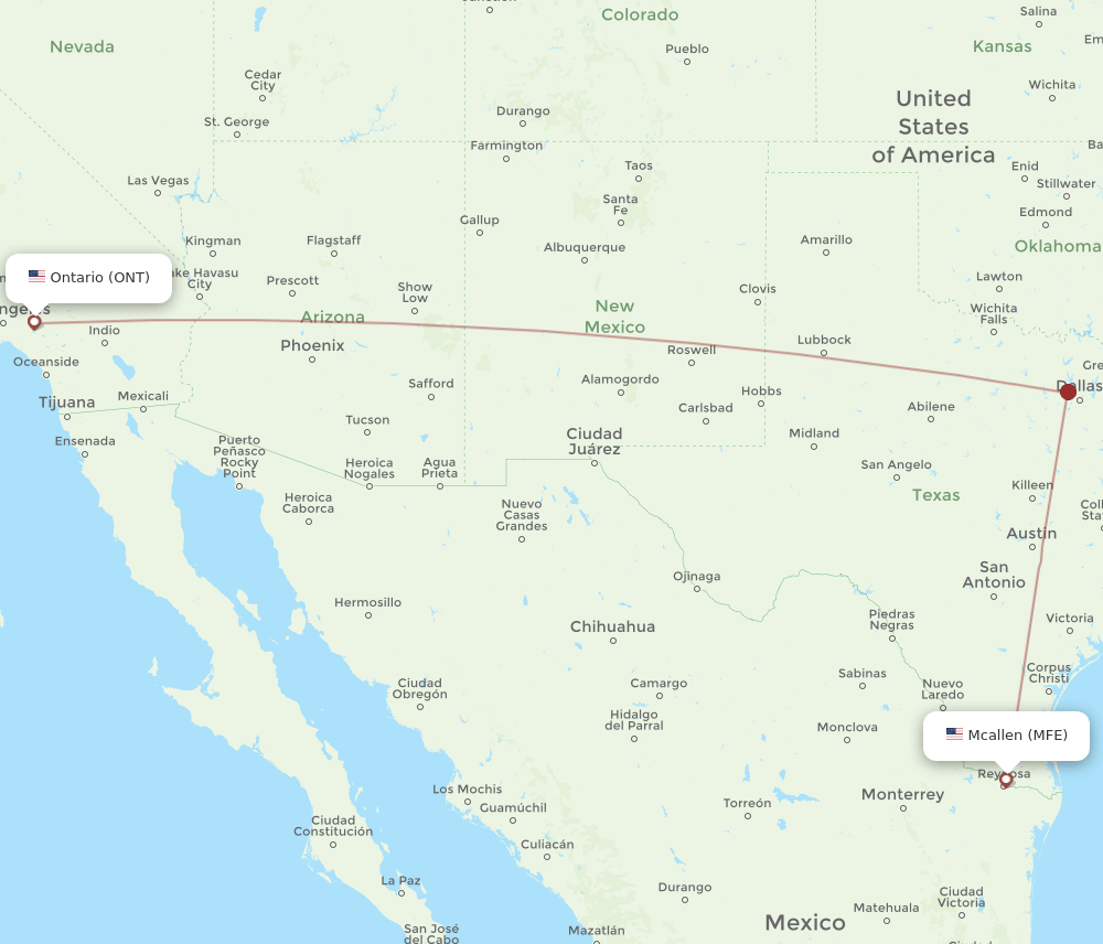 MFE to ONT flights and routes map