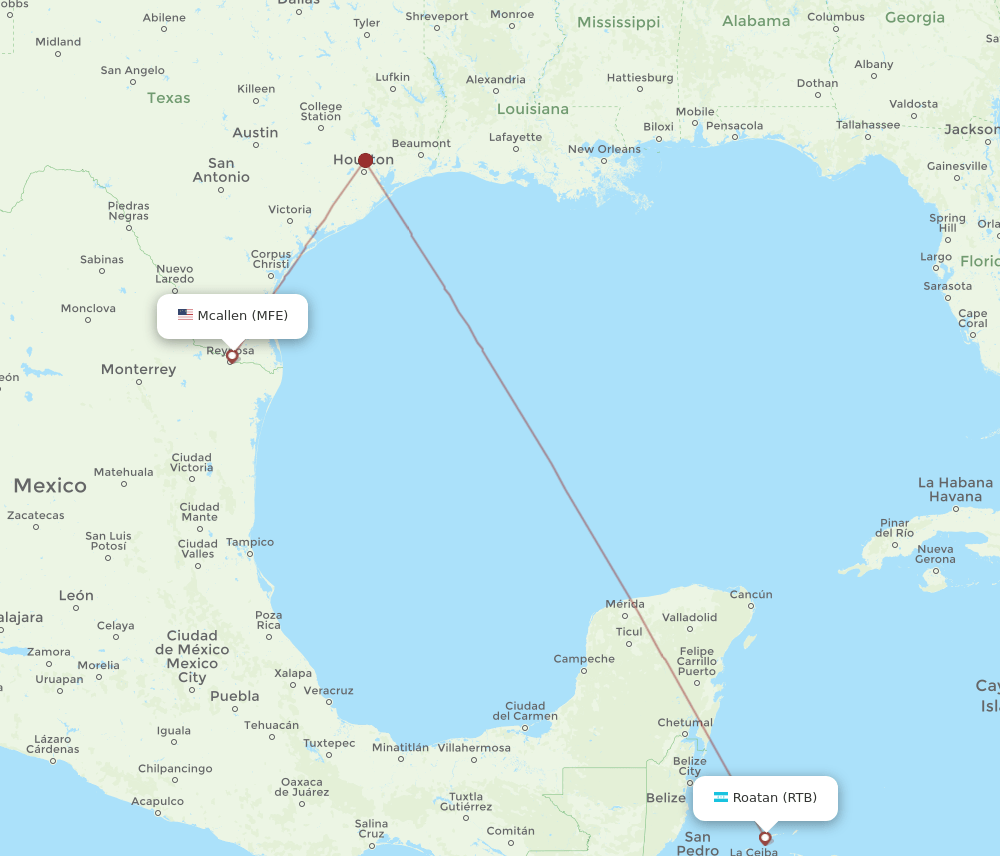 MFE to RTB flights and routes map