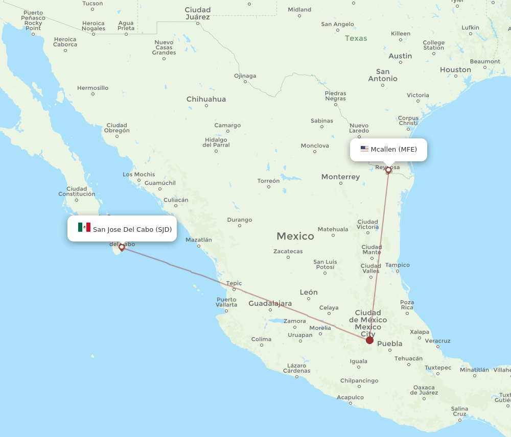 San Jose Cabo - McAllen route map and flight paths