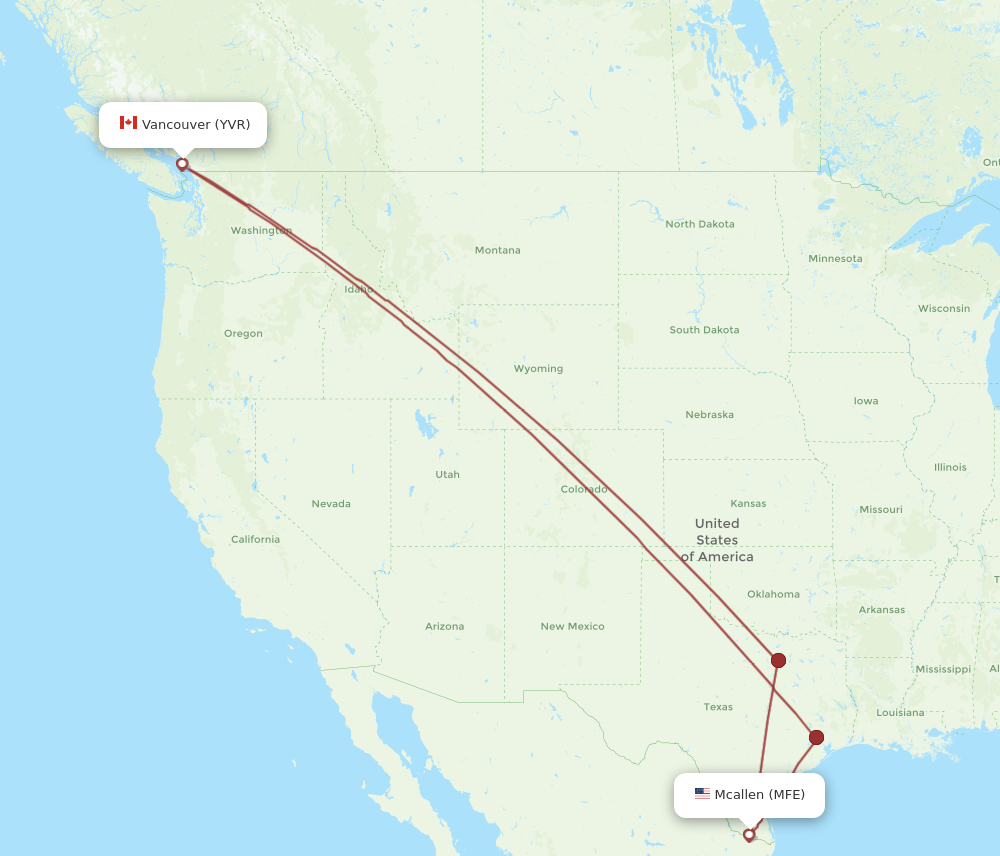 YVR to MFE flights and routes map