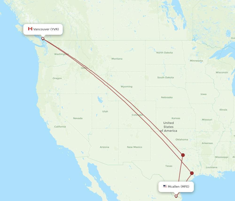 MFE to YVR flights and routes map
