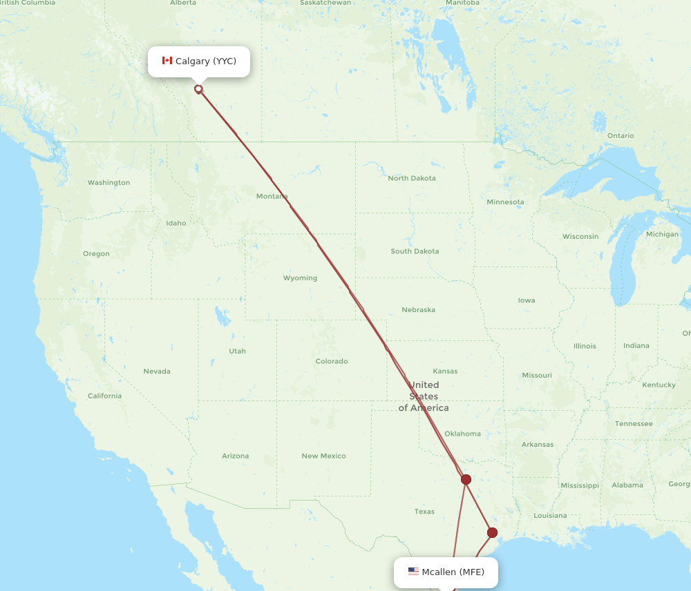 MFE to YYC flights and routes map