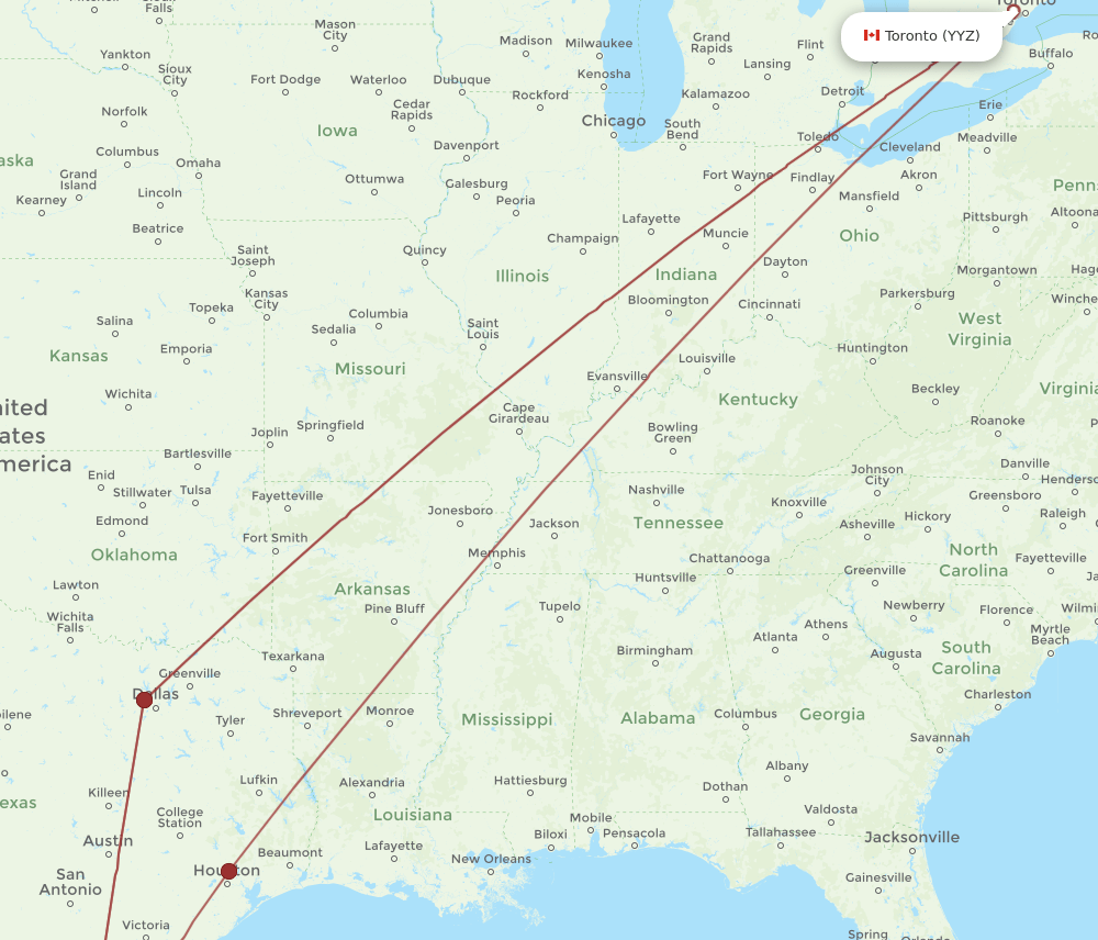 MFE to YYZ flights and routes map