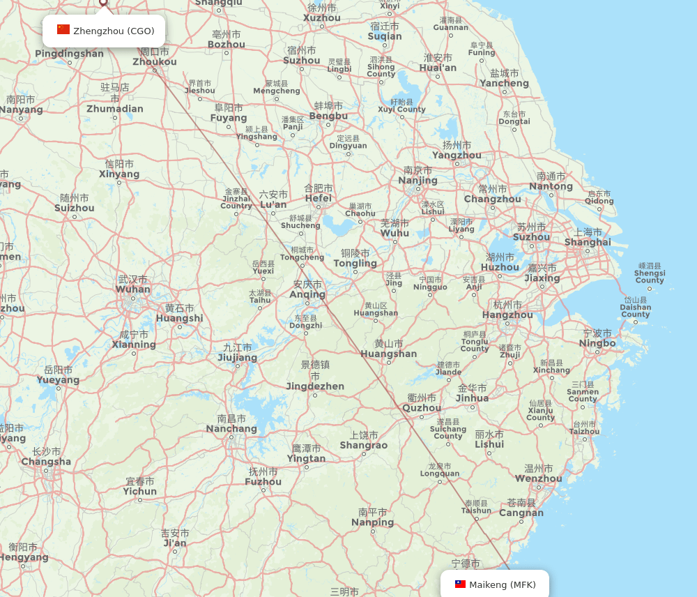 Zhengzhou - Matsu route map and flight paths