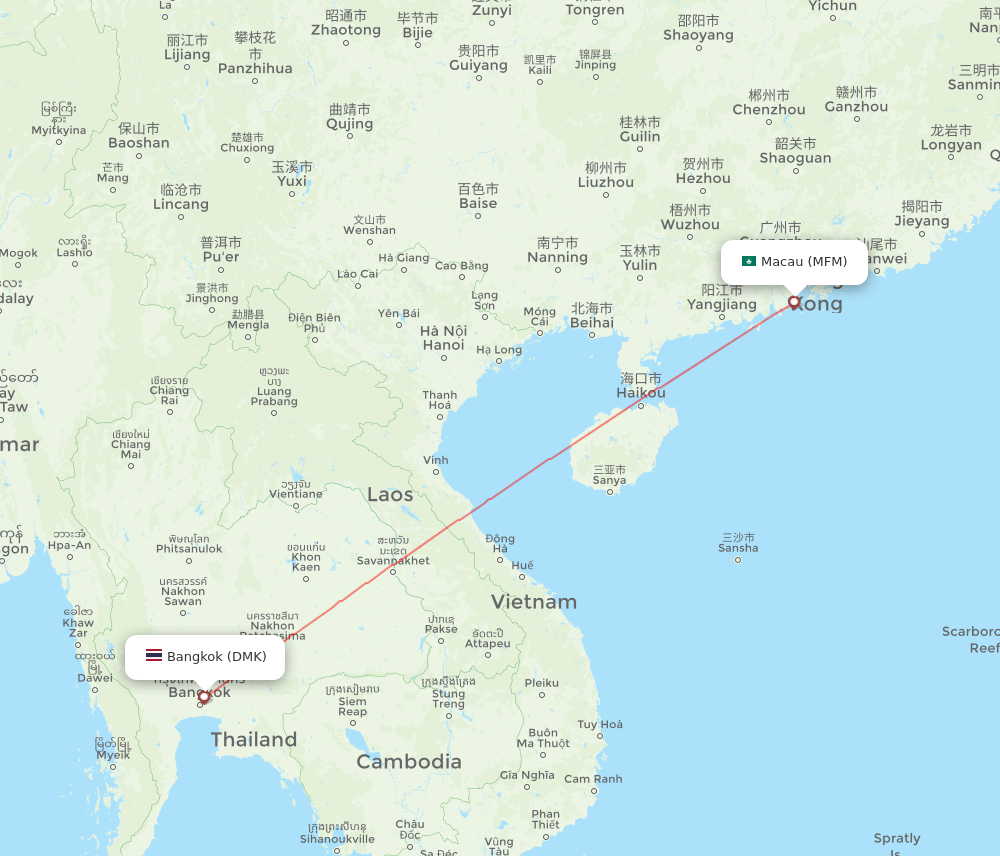 Macau - Bangkok route map and flight paths