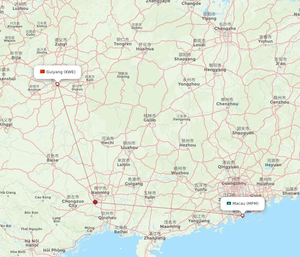 Guiyang - Macau route map and flight paths
