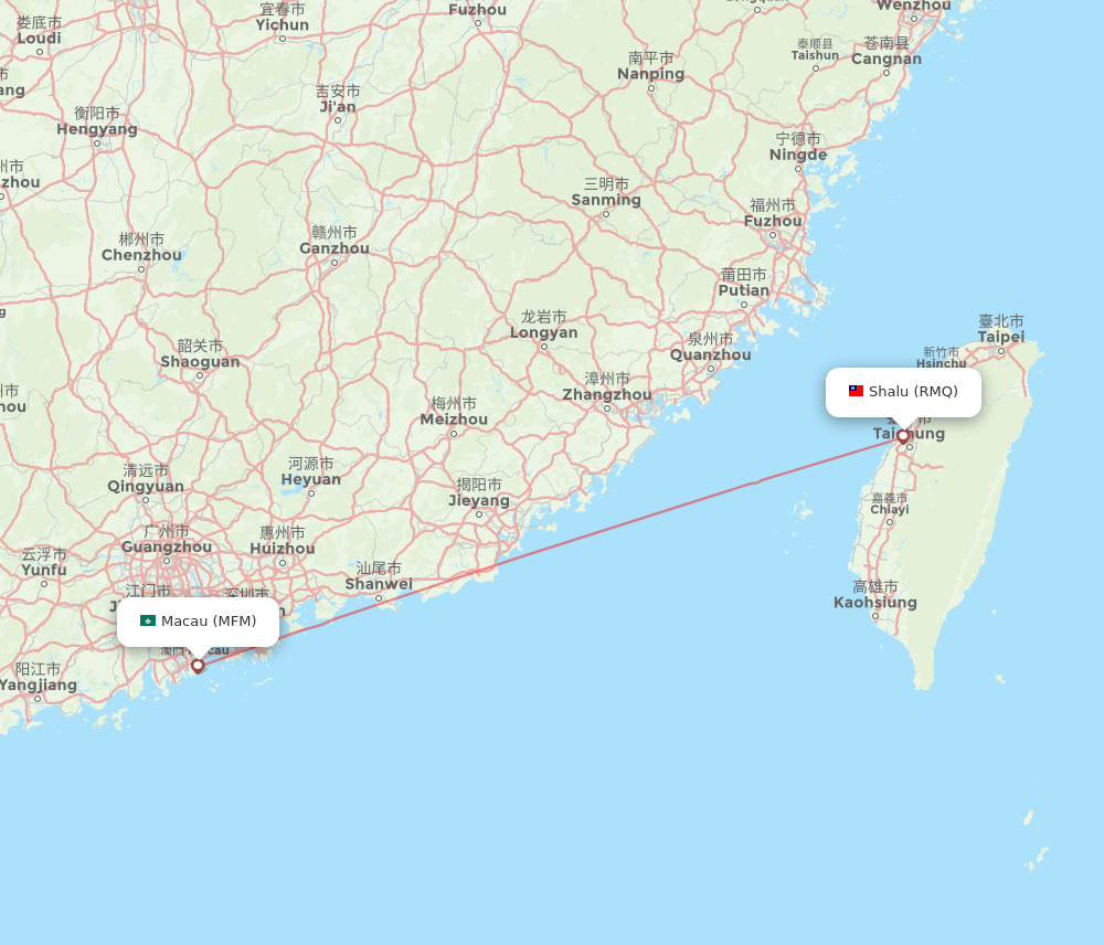 Macau - Shalu route map and flight paths
