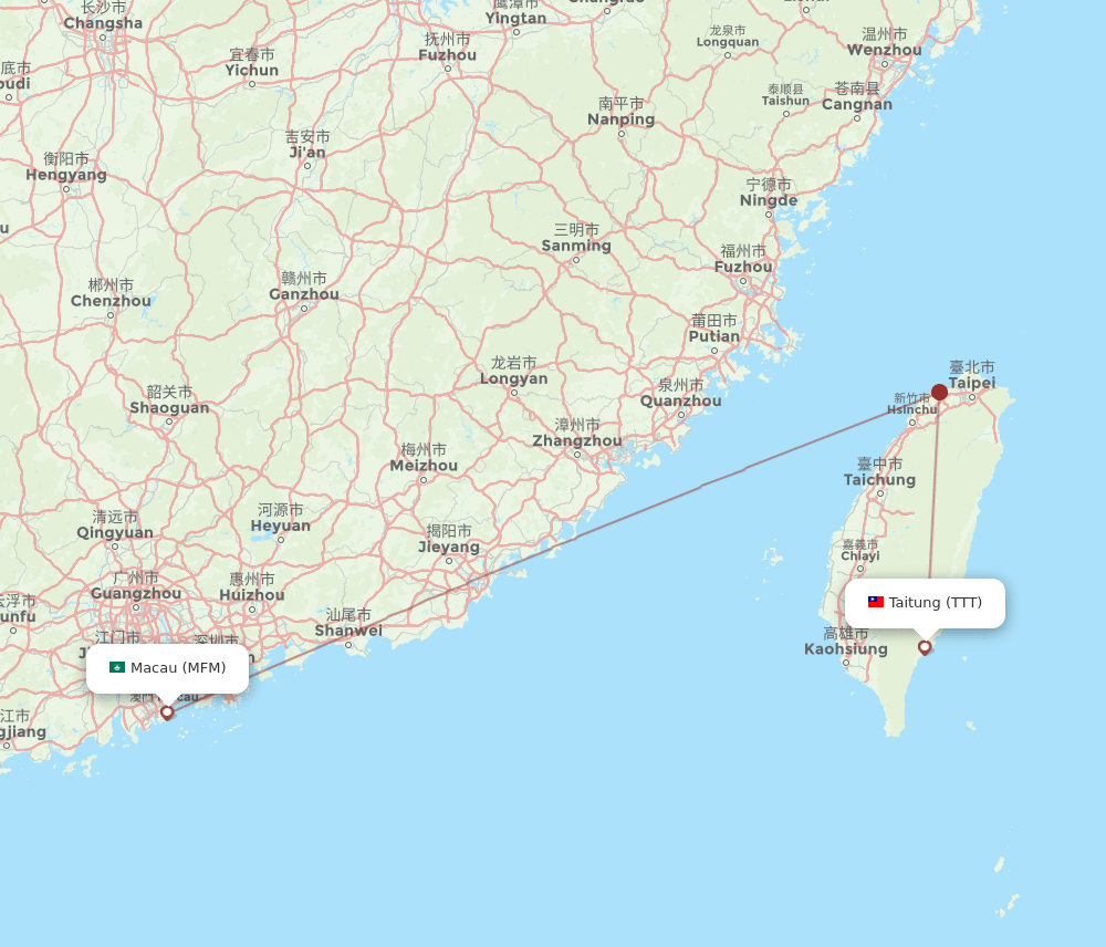 Taitung City - Macau route map and flight paths