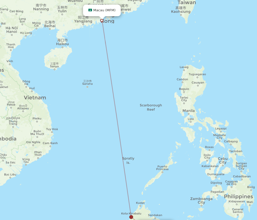 Macau - Tawau route map and flight paths