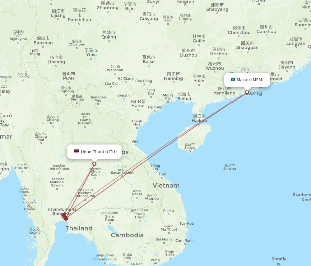 Udon Thani - Macau route map and flight paths