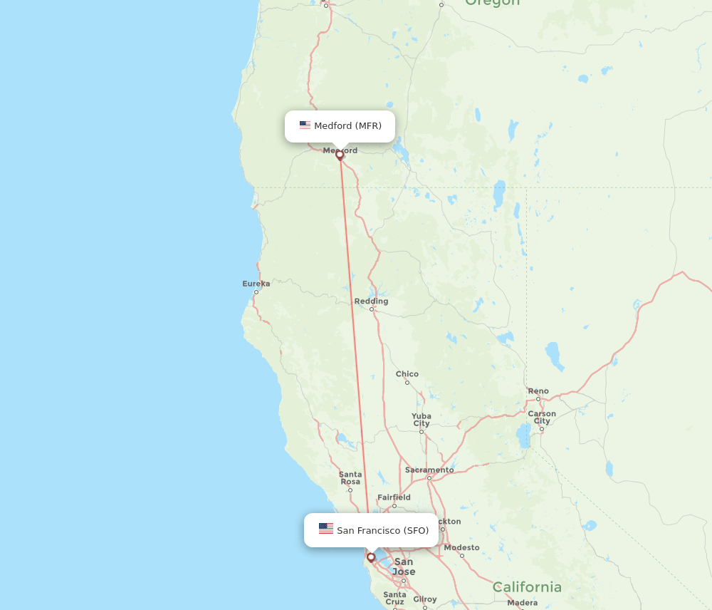 Medford - San Francisco route map and flight paths