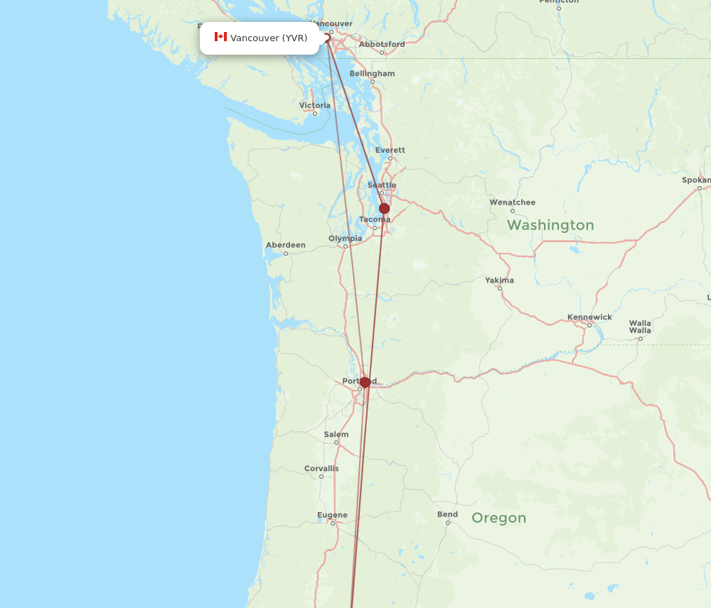 Vancouver - Medford route map and flight paths