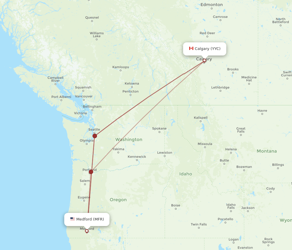 YYC to MFR flights and routes map