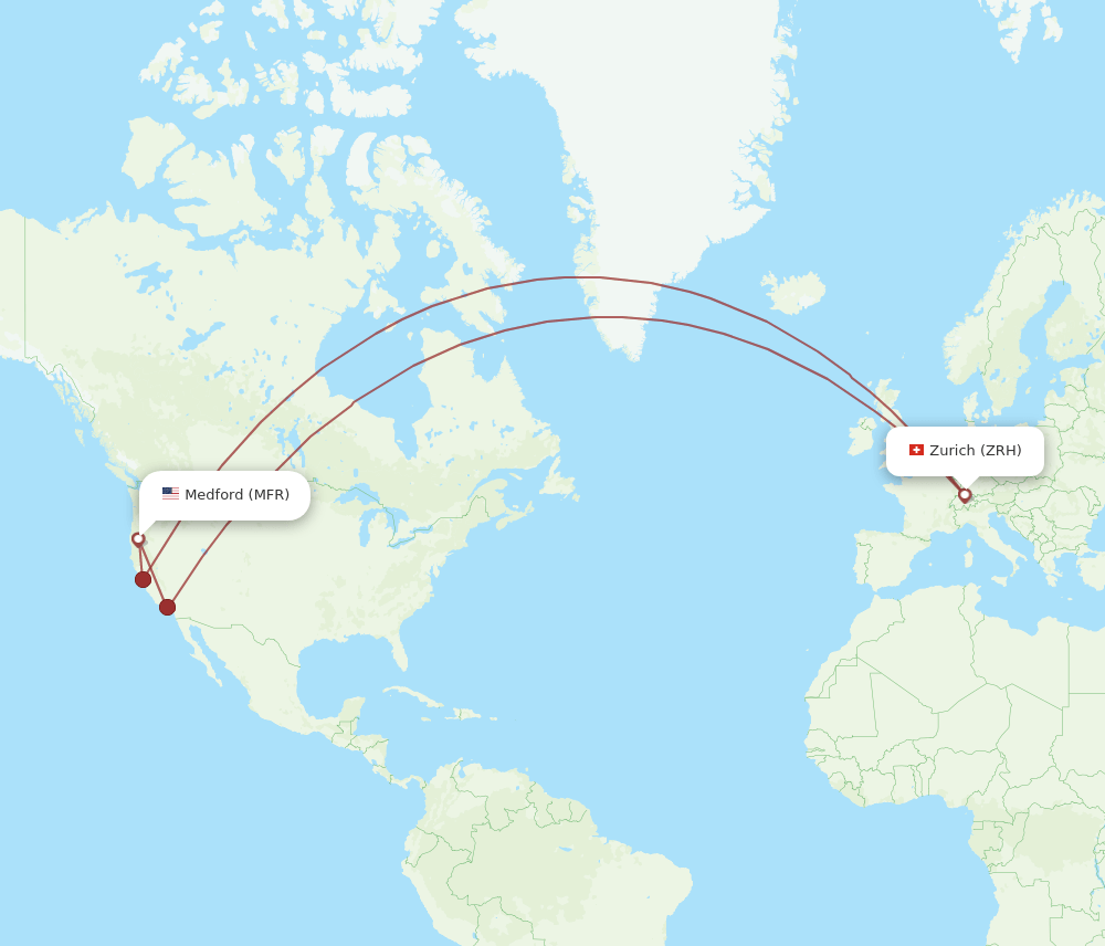 ZRH to MFR flights and routes map