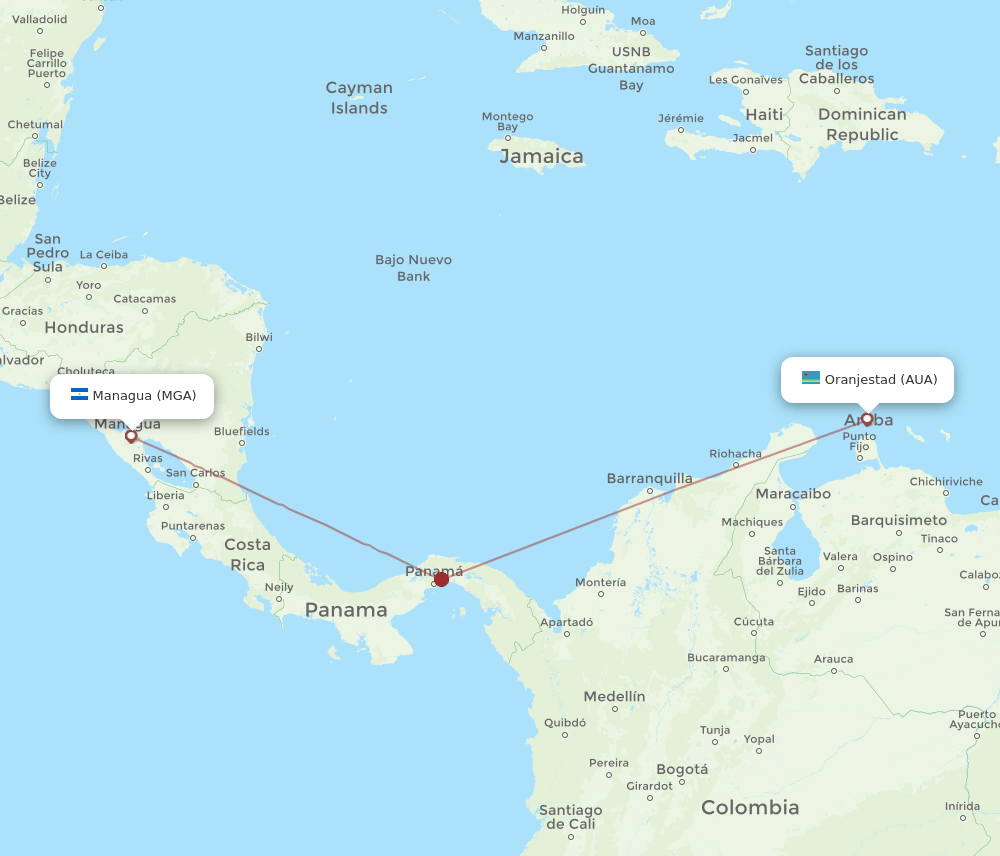 MGA to AUA flights and routes map