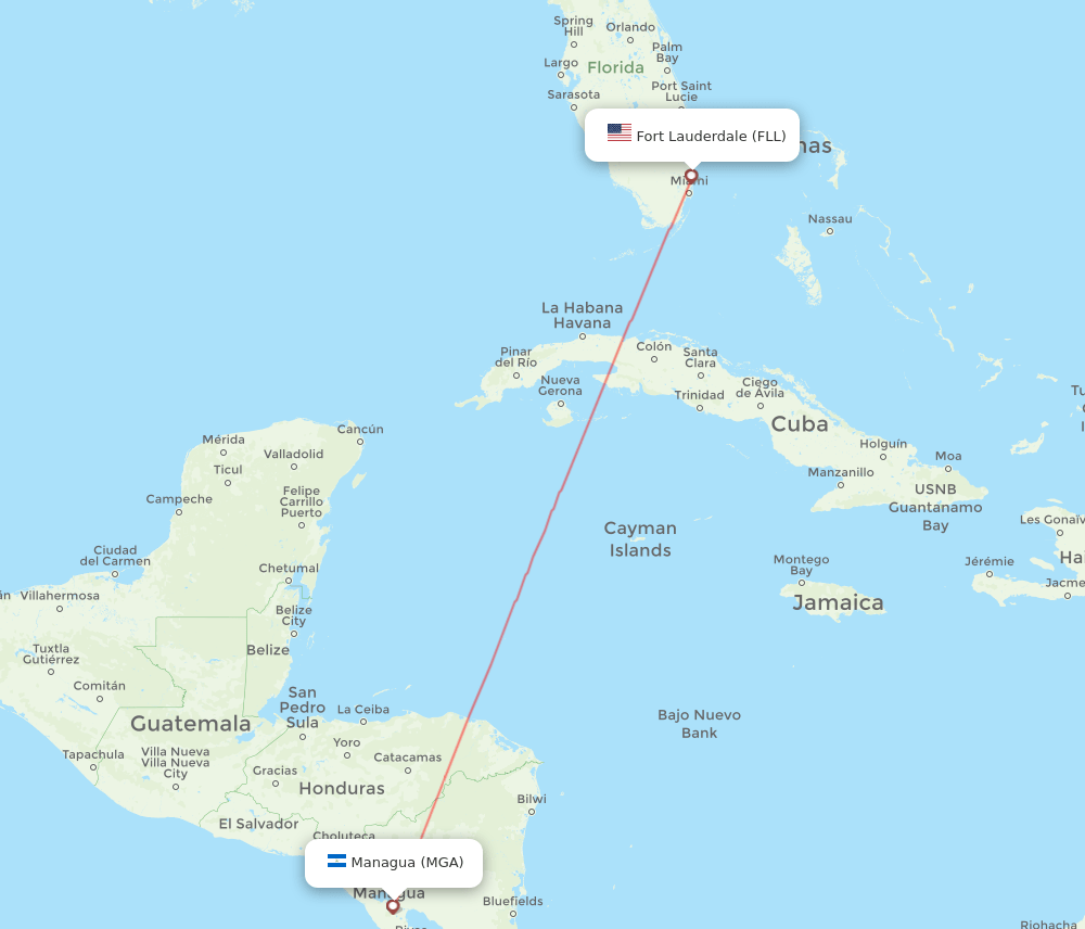 Managua - Fort Lauderdale route map and flight paths