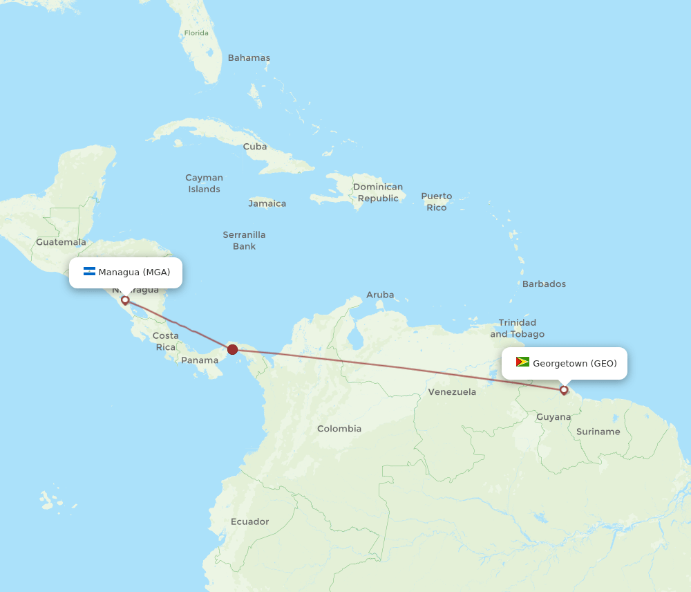 Georgetown - Managua route map and flight paths
