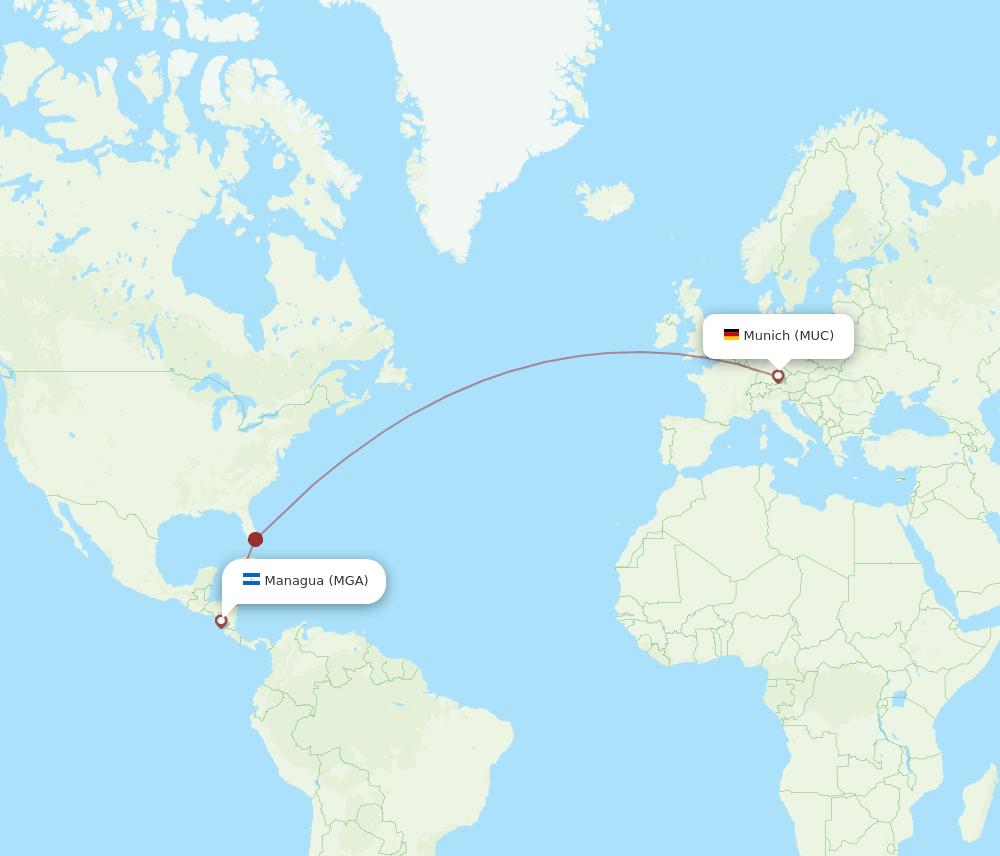 Munich - Managua route map and flight paths