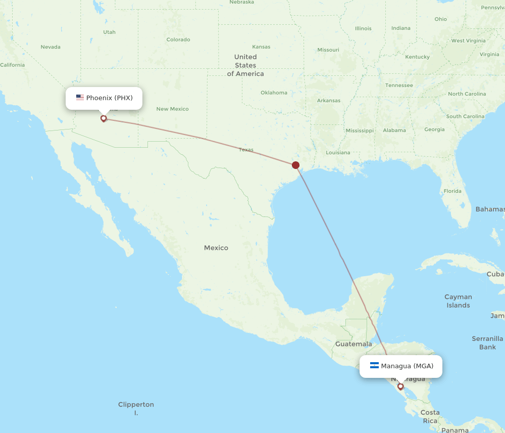 Phoenix - Managua route map and flight paths