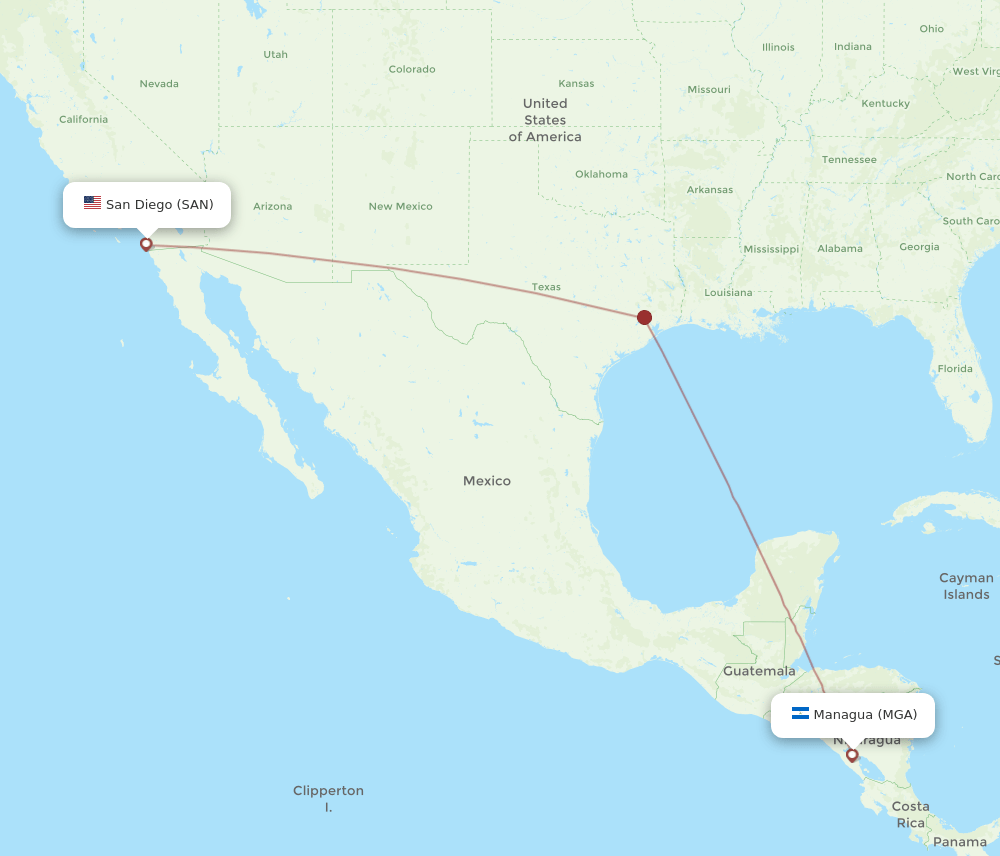 San Diego - Managua route map and flight paths