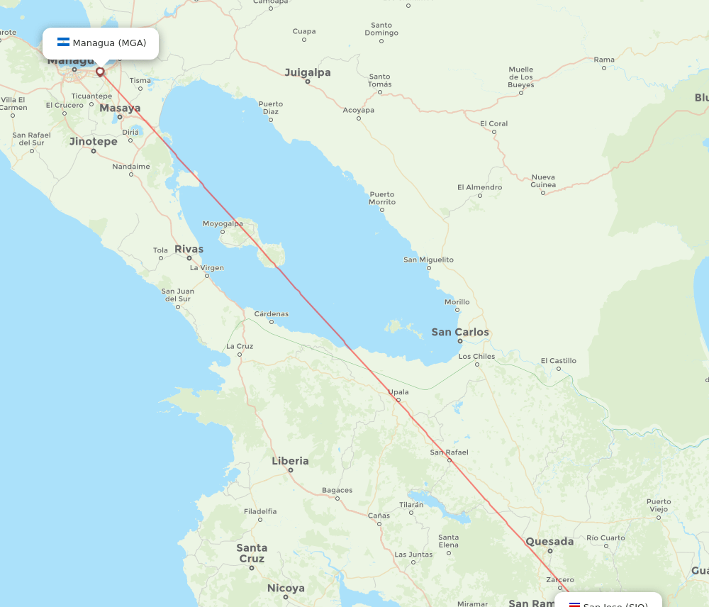 Managua - San Jose route map and flight paths