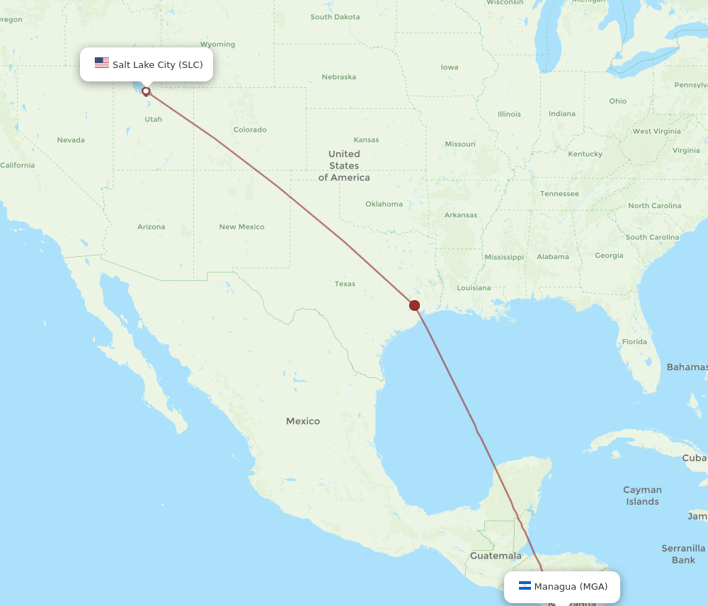Salt Lake City - Managua route map and flight paths