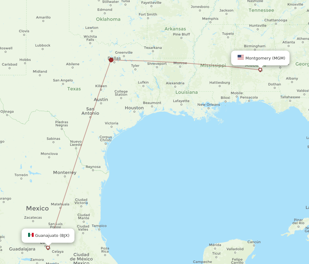 MGM to BJX flights and routes map