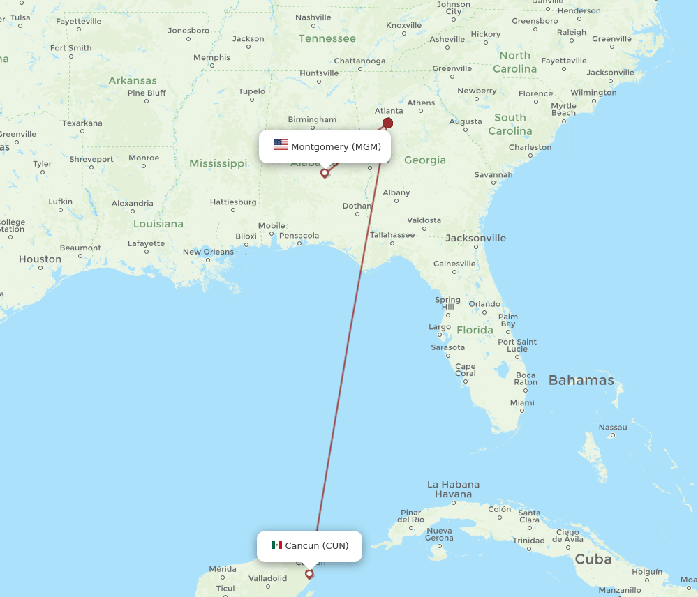 MGM to CUN flights and routes map