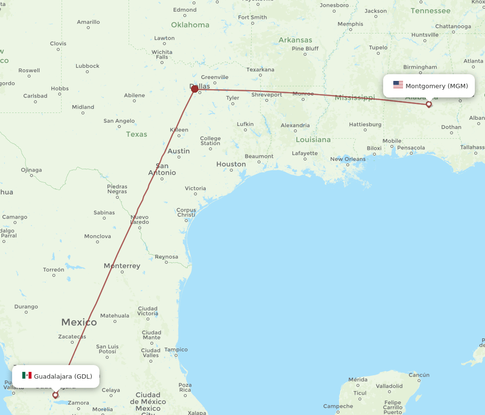 MGM to GDL flights and routes map