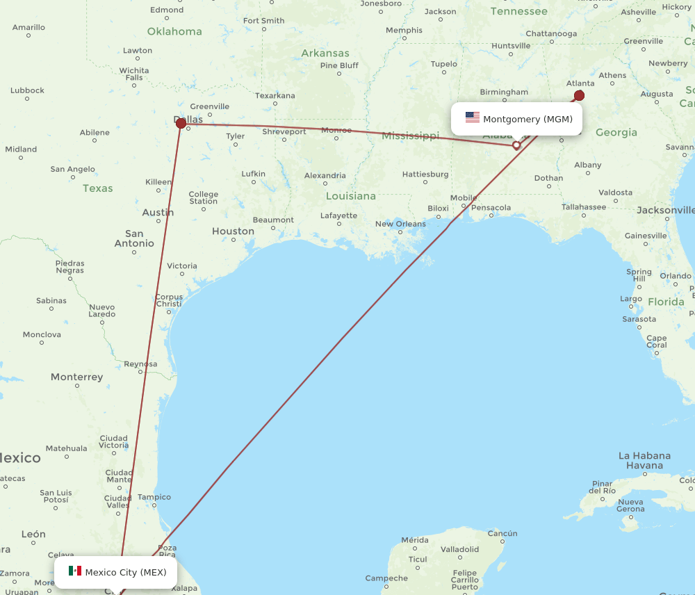 MGM to MEX flights and routes map