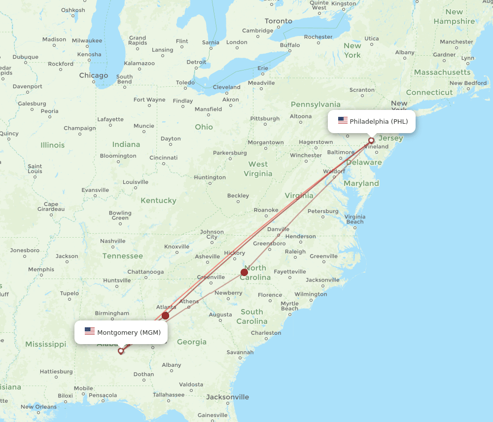 MGM-PHL flight routes