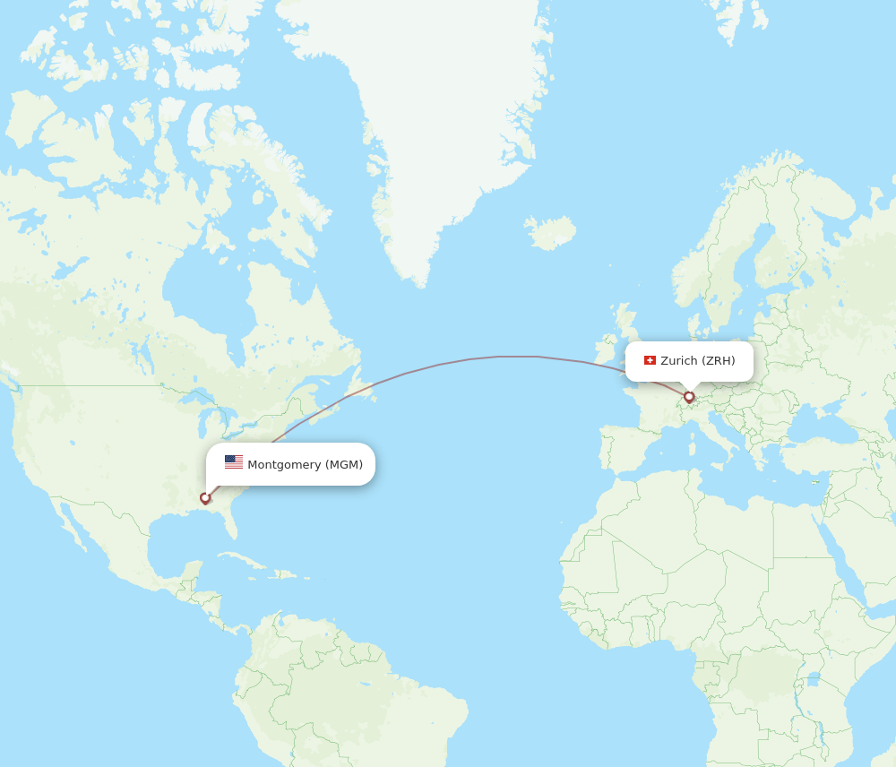 Zurich - Montgomery route map and flight paths