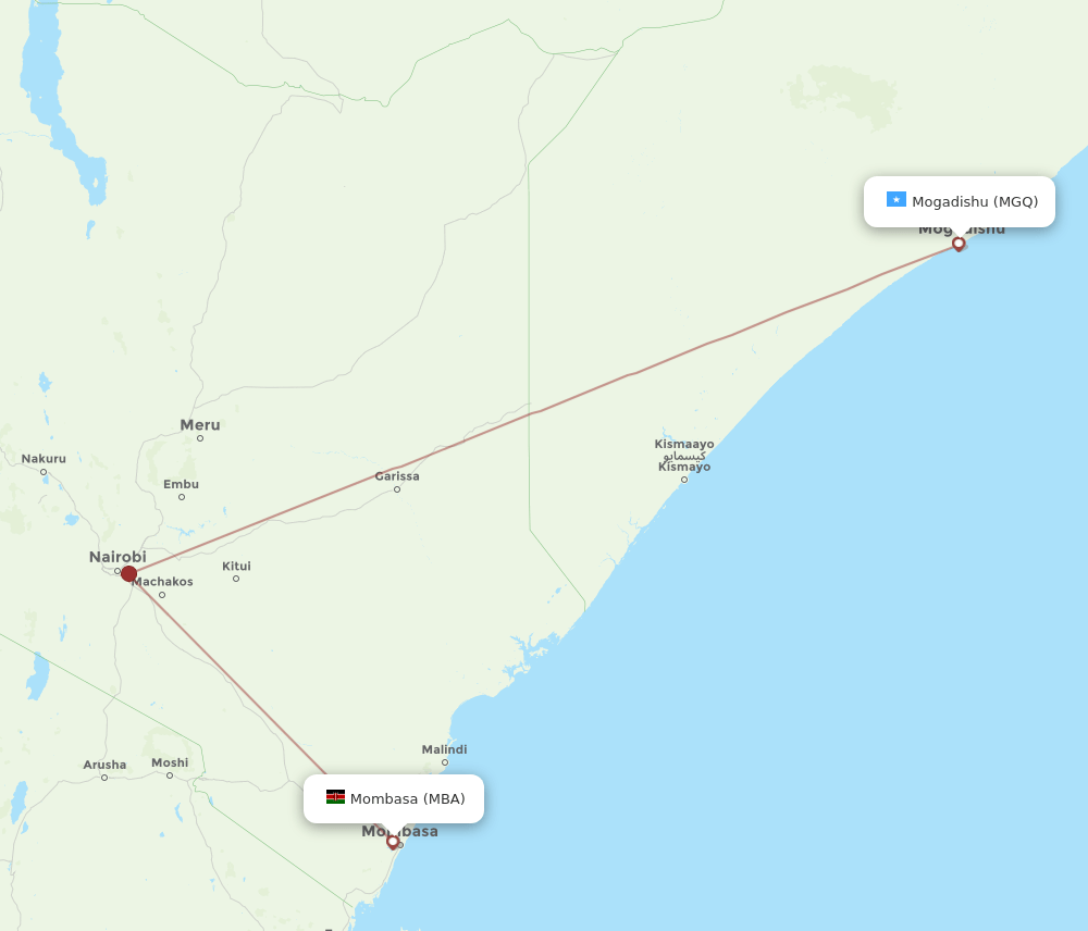Mogadishu - Mombasa route map and flight paths