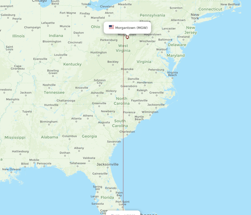 MGW-MIA flight routes