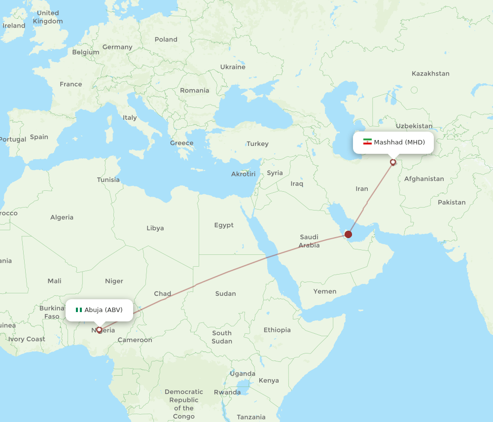 Mashad - Abuja route map and flight paths