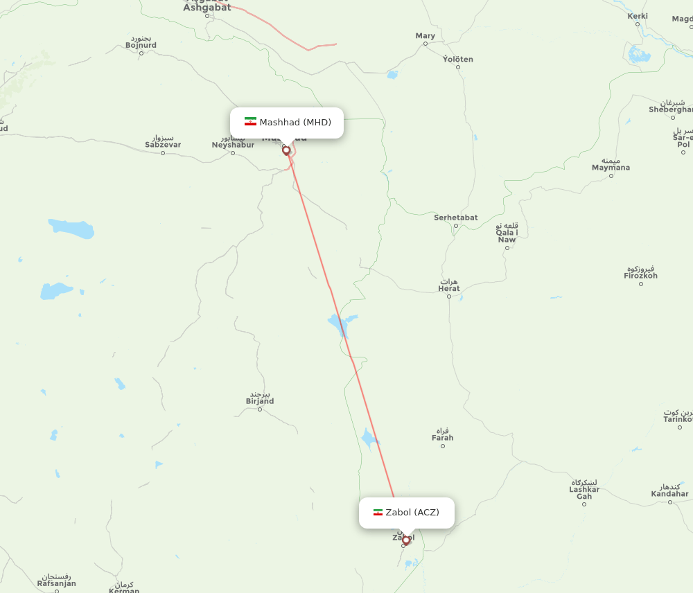 Mashad - Zabol route map and flight paths