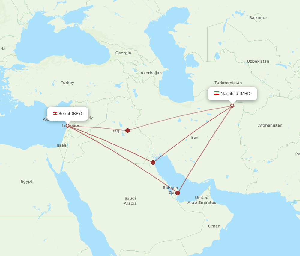 MHD to BEY flights and routes map