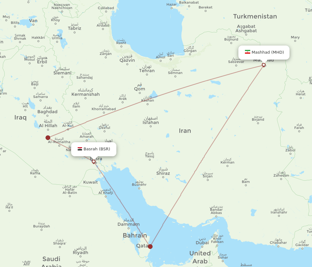 Basra - Mashad route map and flight paths