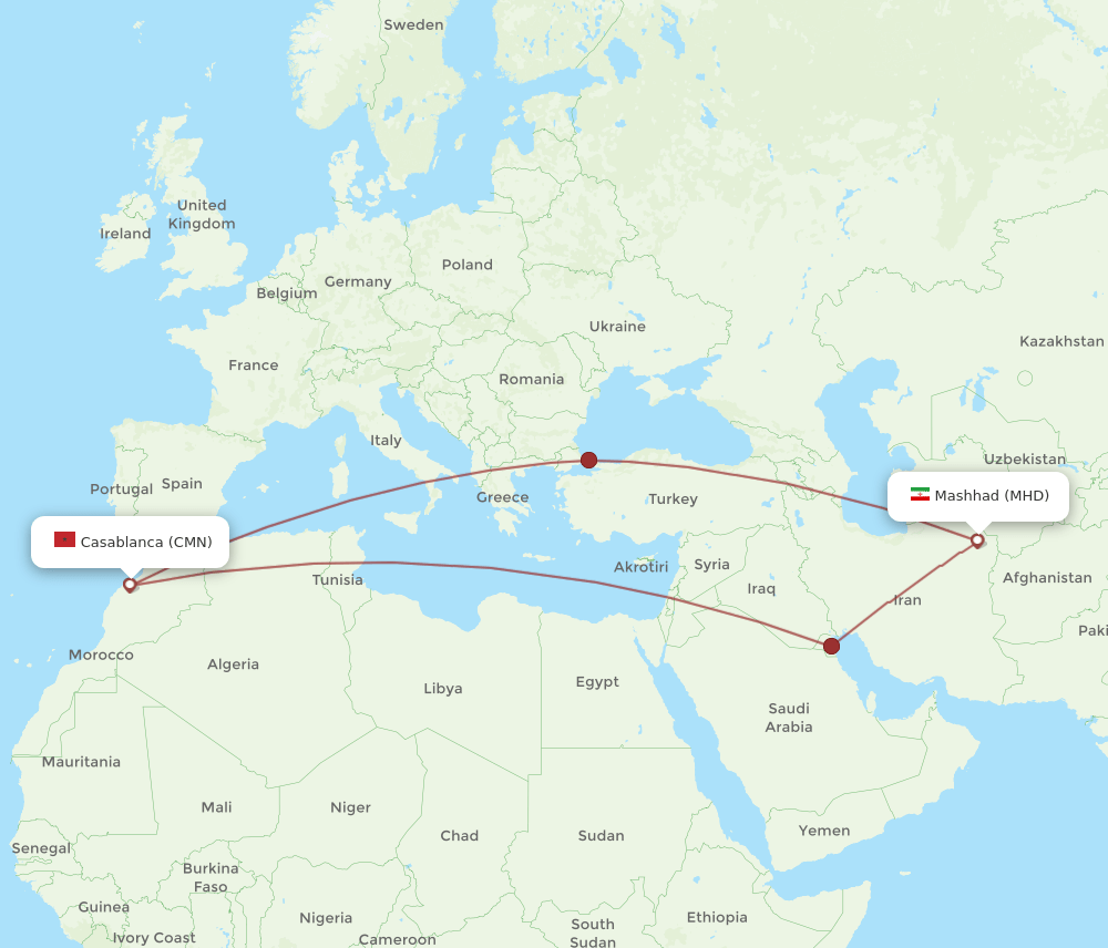 MHD to CMN flights and routes map