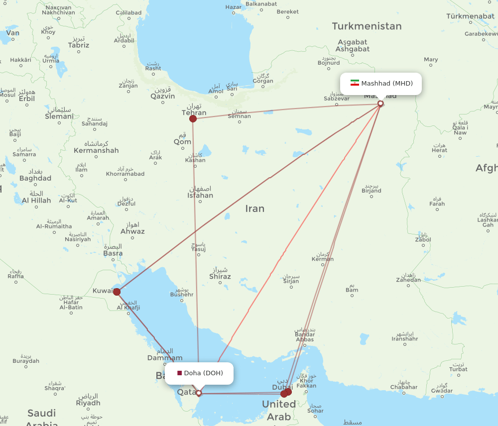 MHD to DOH flights and routes map