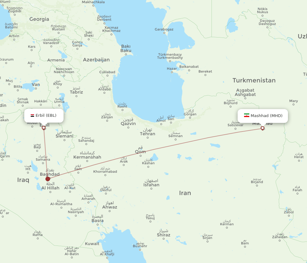 Erbil - Mashad route map and flight paths