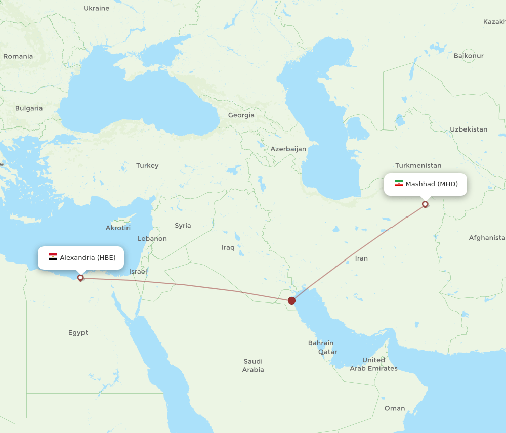 Alexandria - Mashad route map and flight paths