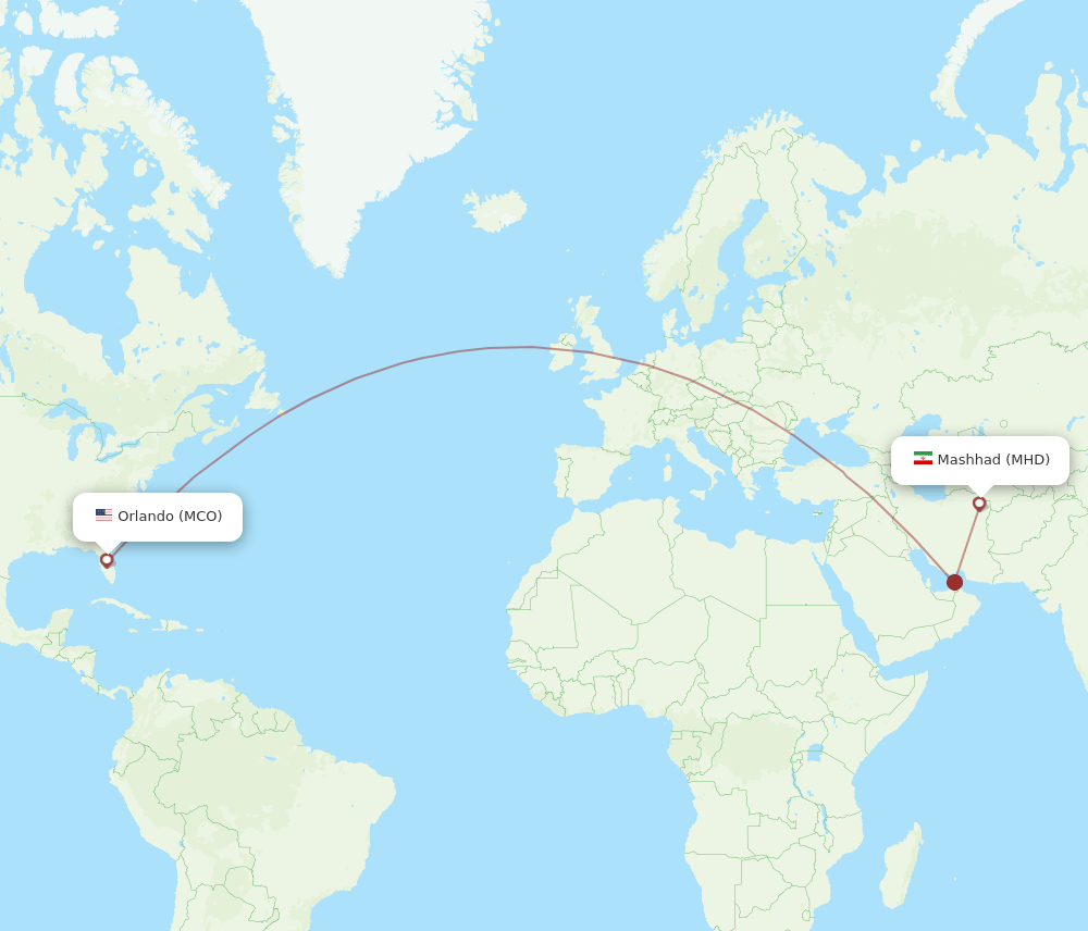 Orlando - Mashad route map and flight paths