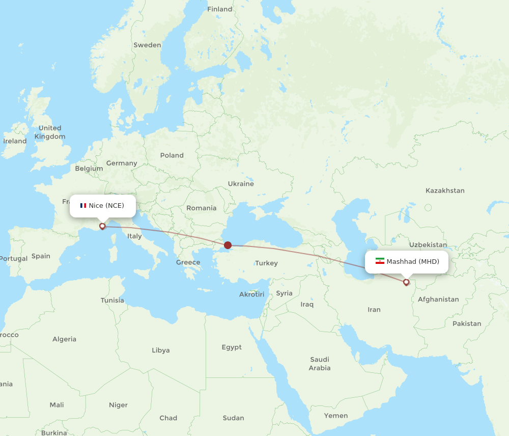 Nice - Mashad route map and flight paths