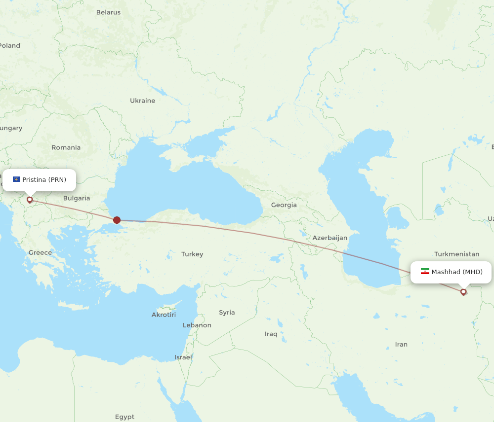Pristina - Mashad route map and flight paths