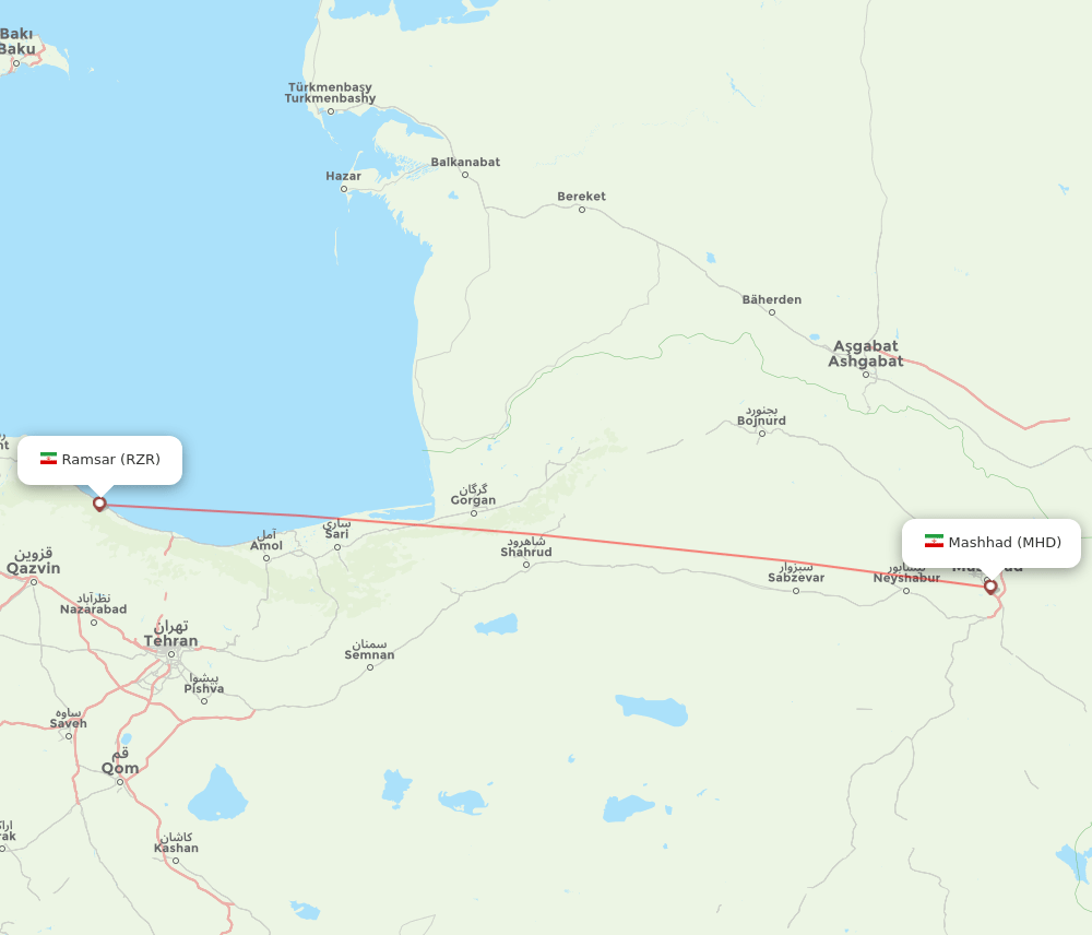 Mashad - Ramsar route map and flight paths